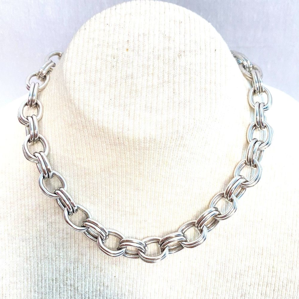 💎Marino Double Chain Choker Necklace Unisex Silver Tone Heavy Metal